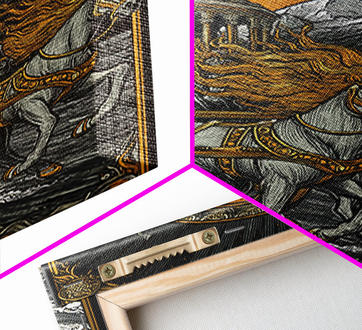 Sun Chariot Canvas Gold Canvas Print, Framed Canvas Wall Art with Real Wood Frame, Greek Myth Apollo Helios Horses Statement Decor