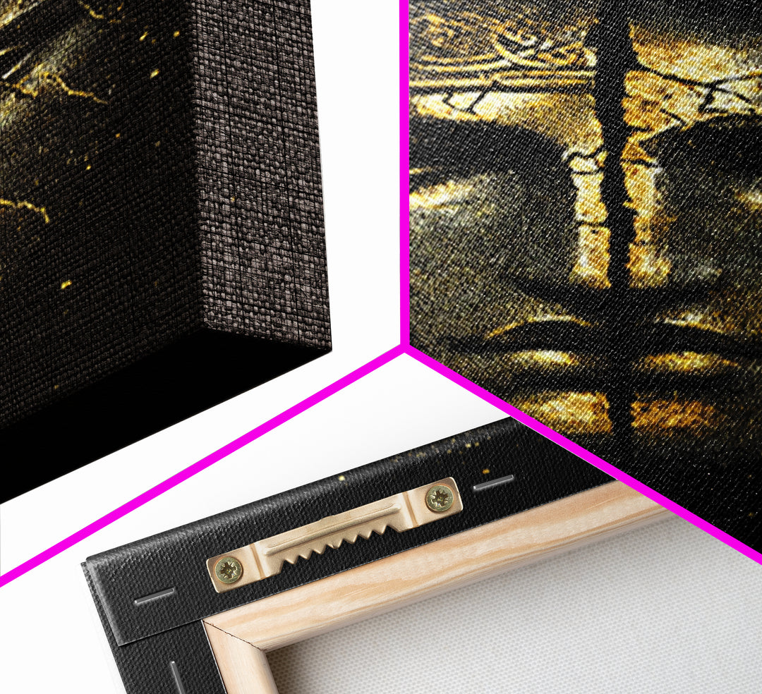 Ancient Warrior Mask Canvas Gold Canvas Print, Framed Canvas Wall Art with Real Wood Frame, Greek Helmet Cracked Kintsugi Decor