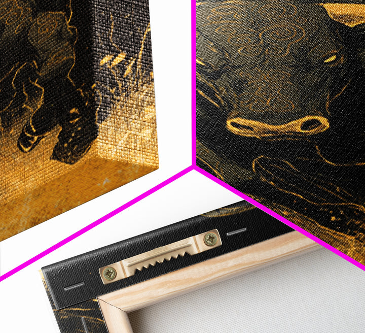 Bull Splash Canvas Gold Canvas Print, Framed Canvas Wall Art with Real Wood Frame, Powerful Charging Animal Black Gold Decor