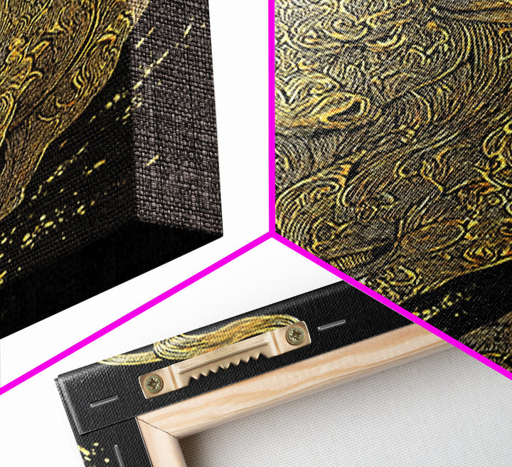 Ornate Bull Canvas Gold Canvas Print, Framed Canvas Wall Art with Real Wood Frame, Decorative Swirl Pattern Animal Gallery Decor