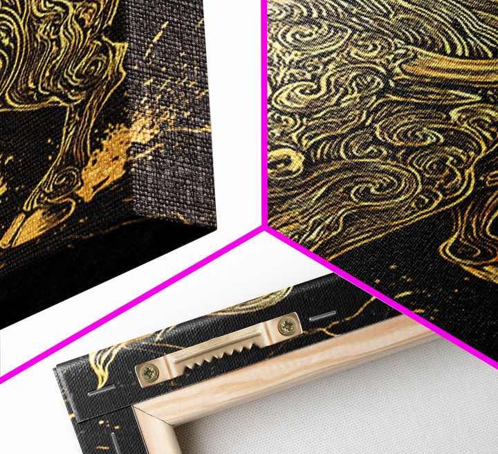 Ornate Bull Canvas Gold Canvas Print, Framed Canvas Wall Art with Real Wood Frame, Black and Gold Animal Decor for Luxury Home