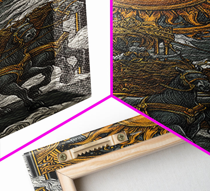 Sun Chariot Canvas Gold Canvas Print, Framed Canvas Wall Art with Real Wood Frame, Greek Myth Apollo Horses Statement Decor