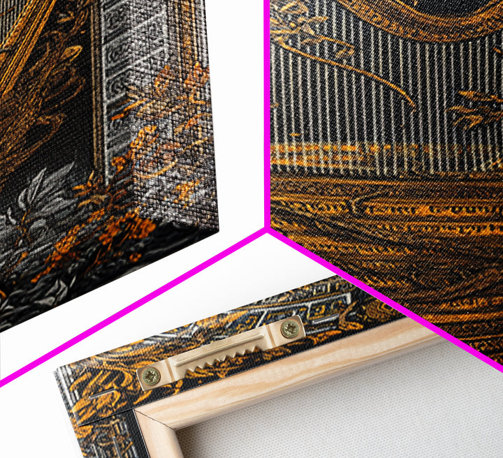 Ornate Harp Canvas Gold Art, Framed Canvas Wall Art with Real Wood Frame, Black and Gold Botanical Classical Music Wall Decor