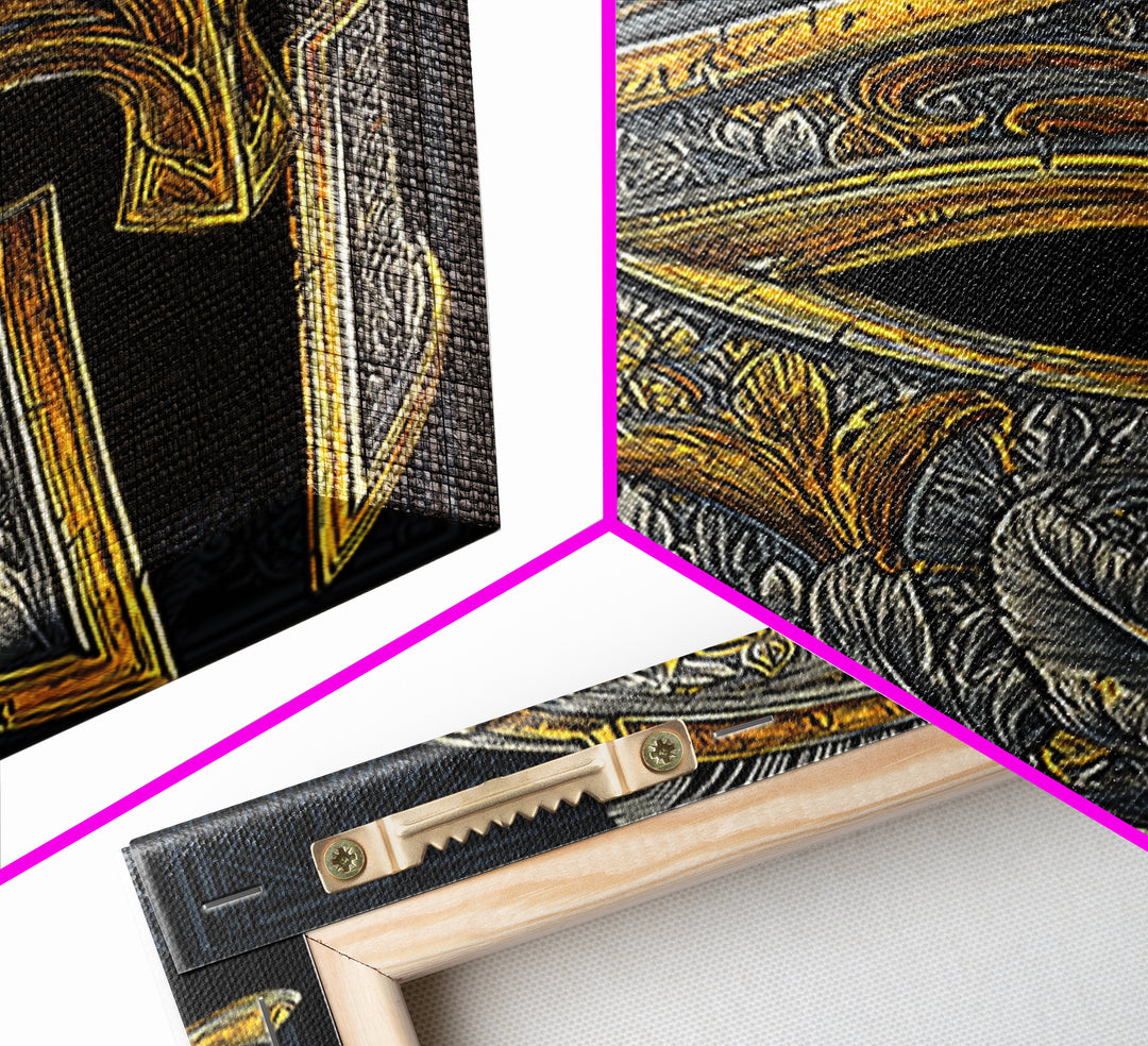 Ornate Spartan Helmet Canvas Gold Art – Intricate Ancient Warrior Wall Print on Canvas with Real Wood Frame – Greek Decor