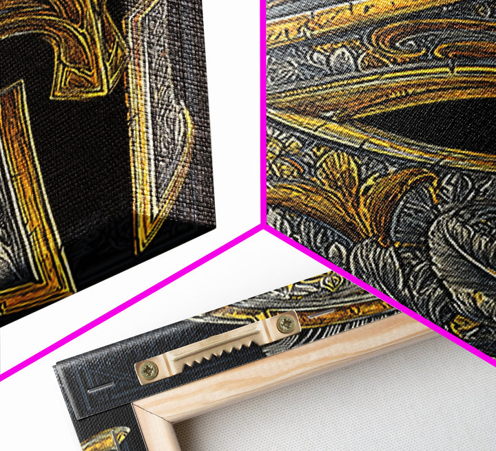 Ornate Spartan Helmet Canvas Gold Art – Intricate Ancient Warrior Wall Print on Canvas with Real Wood Frame – Greek Decor