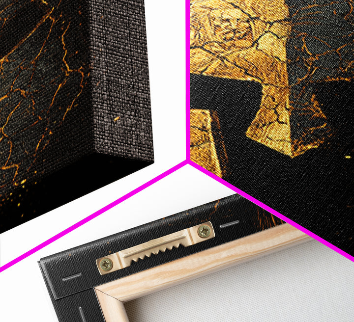 Cracked Warrior Helmet Canvas Gold Art – Ancient Greek Sparta Wall Canvas Print with Real Wood Frame – Bold Home Decor