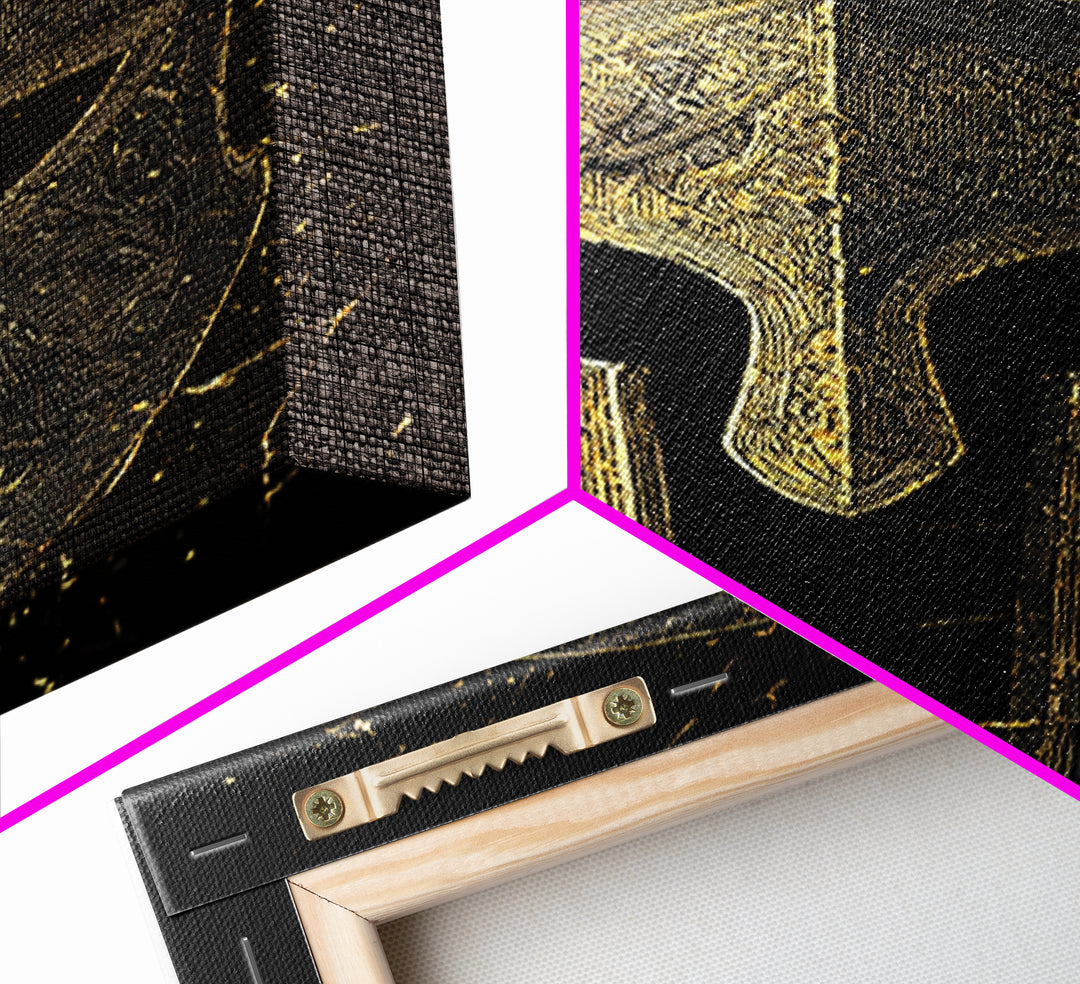 Historic Greek Helmet Canvas Gold Art – Ancient Battle Warrior Wall Canvas Print with Real Wood Frame – Museum Quality Decor