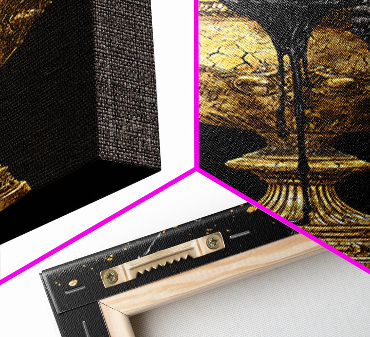 Luxurious Golden Chalice Canvas Gold Canvas Print – Grapes & Wine Still Life Wall Art with Real Wood Frame – Elegant Kitchen Decor