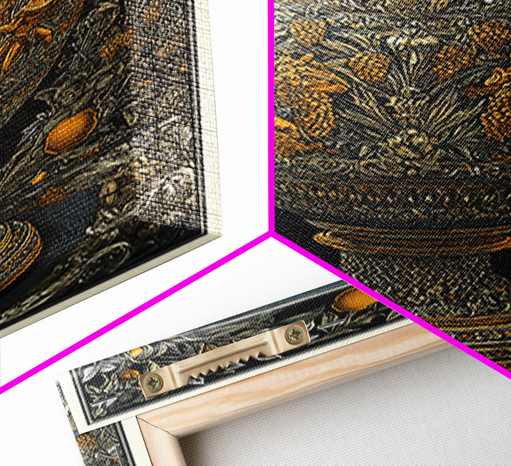 Ornate Golden Vase Canvas Gold Art – Greek Mythology & Nature Scene Wall Canvas Print with Real Wood Frame – Classic Decor