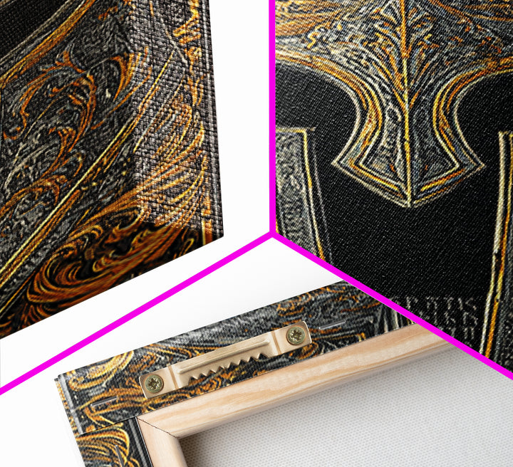 Runic Spartan Helmet with Ornate Gold Carving – Canvas Gold Art, Intricate Ancient Helmet Canvas Art, Mythic Warrior Decor