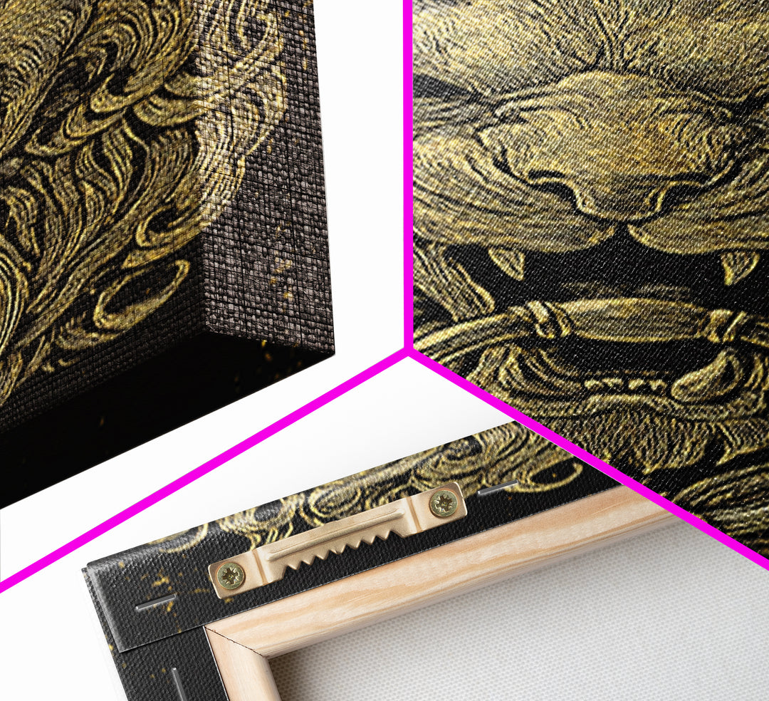 Vintage Lion Head Door Knocker Canvas Gold Canvas Print with Real Wood Frame – Bold Statement Wall Art