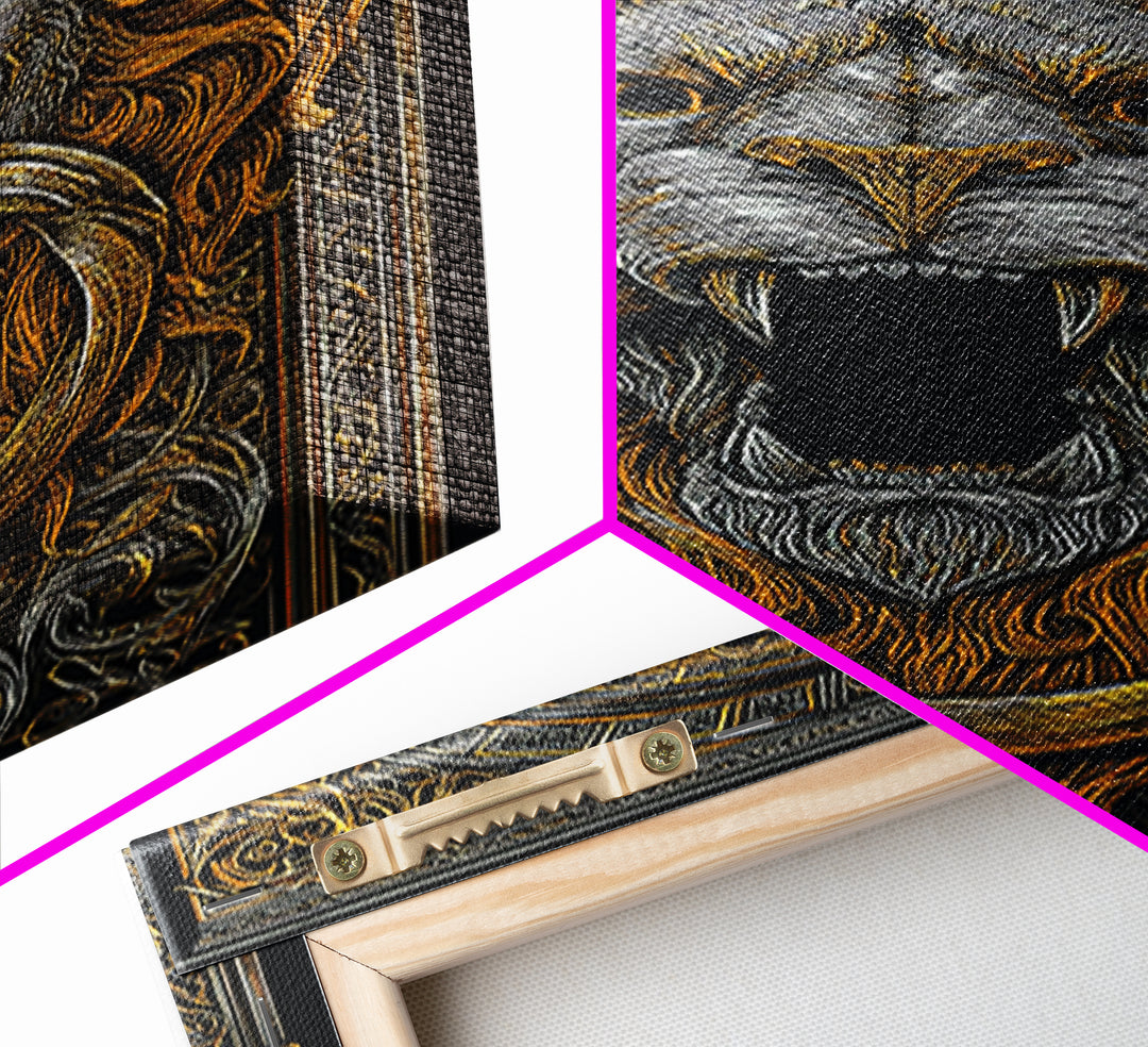 Ornate Lion Door Knocker Canvas Gold Canvas Print with Real Wood Frame – Luxury Victorian Style Wall Decor