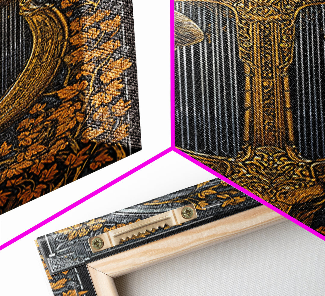 Ram Horn Lyre Canvas Gold Canvas Print with Real Wood Frame – Mythic Musical Instrument Wall Decor