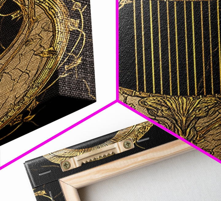 Ancient Ram Horn Lyre Canvas Gold Art Print with Real Wood Frame – Classical Mythology Inspired Wall Art