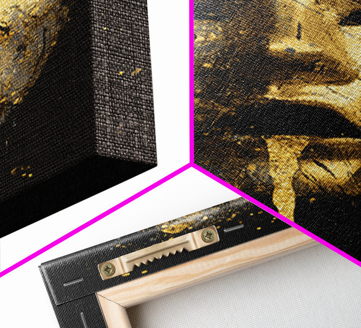 Abstract Gold-Drip Mask Canvas Gold Art Print with Real Wood Frame – Modern Surreal Face Wall Decor