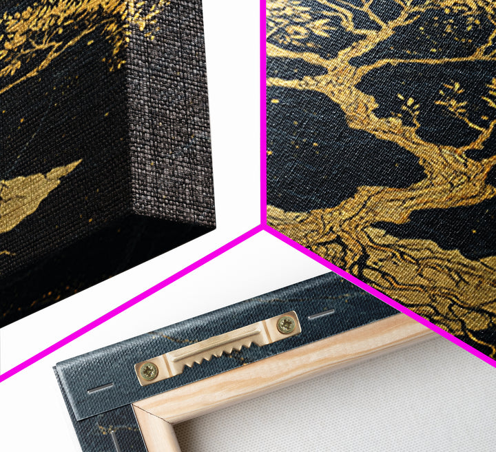 The Gilded Bonsai – Roots Anchored in Stone and Time, Canvas Art, Canvas Gold Print, Canvas Wall Art, Man Cave Decor