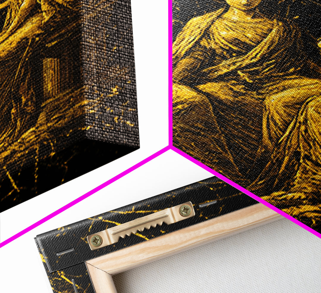 The Three Graces – Canvas Gold Canvas Print – Greek Goddess Wall Art with Real Wood Frame for Elegant Classical Room Decor