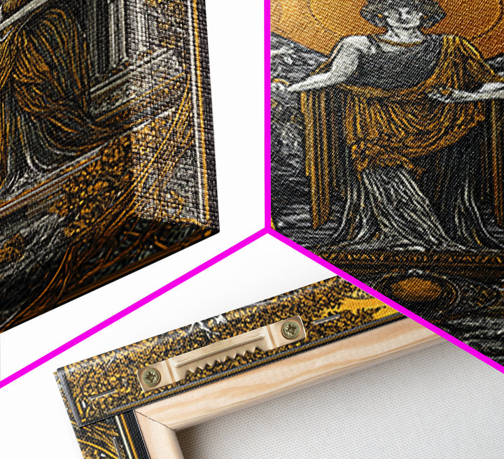 Greek Goddesses in Golden Garden – Canvas Gold Canvas Print – Classical Mythology Wall Art with Real Wood Frame