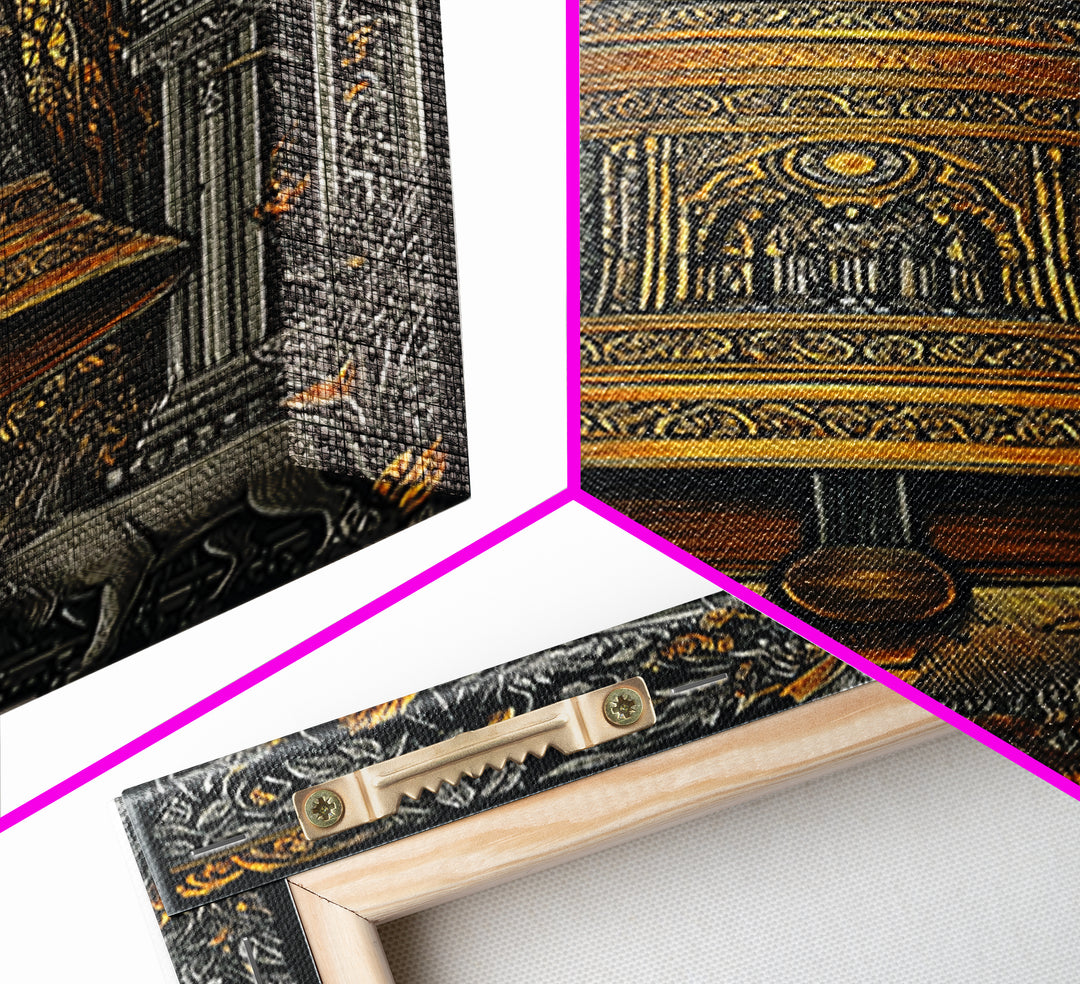 Ornate Golden Bell with Wolves – Canvas Gold Canvas Print – Fantasy Architectural Wall Art with Real Wood Frame