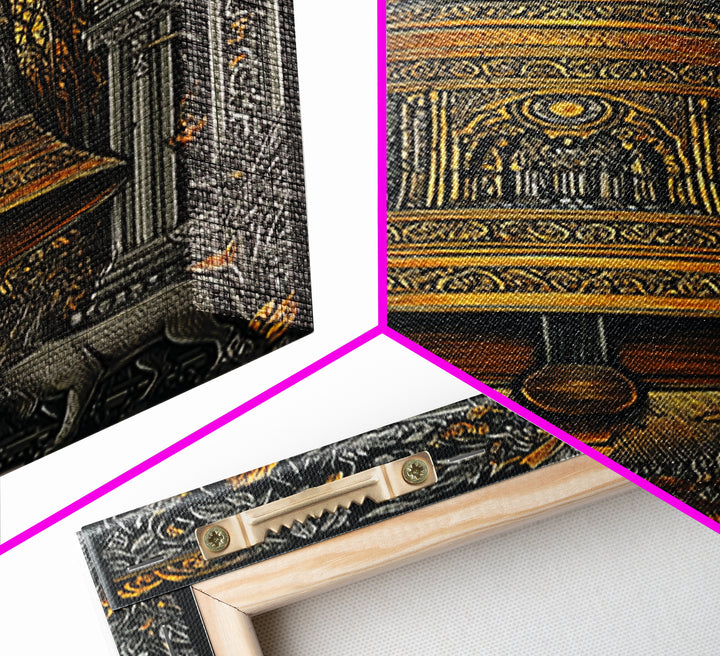 Ornate Golden Bell with Wolves – Canvas Gold Canvas Print – Fantasy Architectural Wall Art with Real Wood Frame