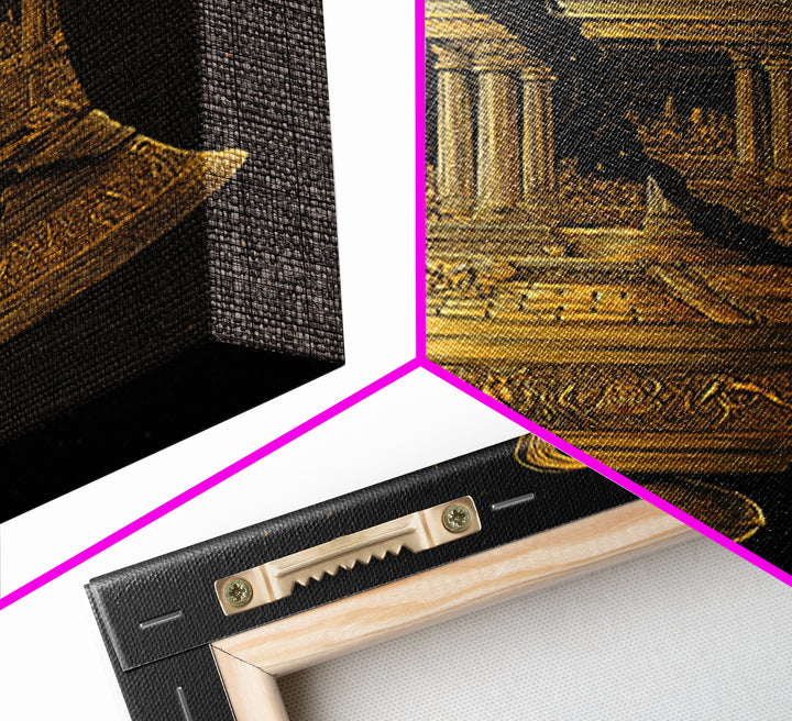 Cracked Temple Bell – Canvas Gold Canvas Print – Ancient Ruins Wall Art with Real Wood Frame for History and Myth Lovers