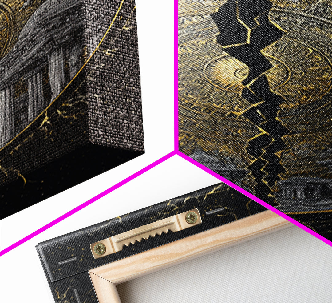Cracked Golden Mandala Temple – Canvas Gold Canvas Print – Intricate Ancient Architecture Wall Art with Real Wood Frame