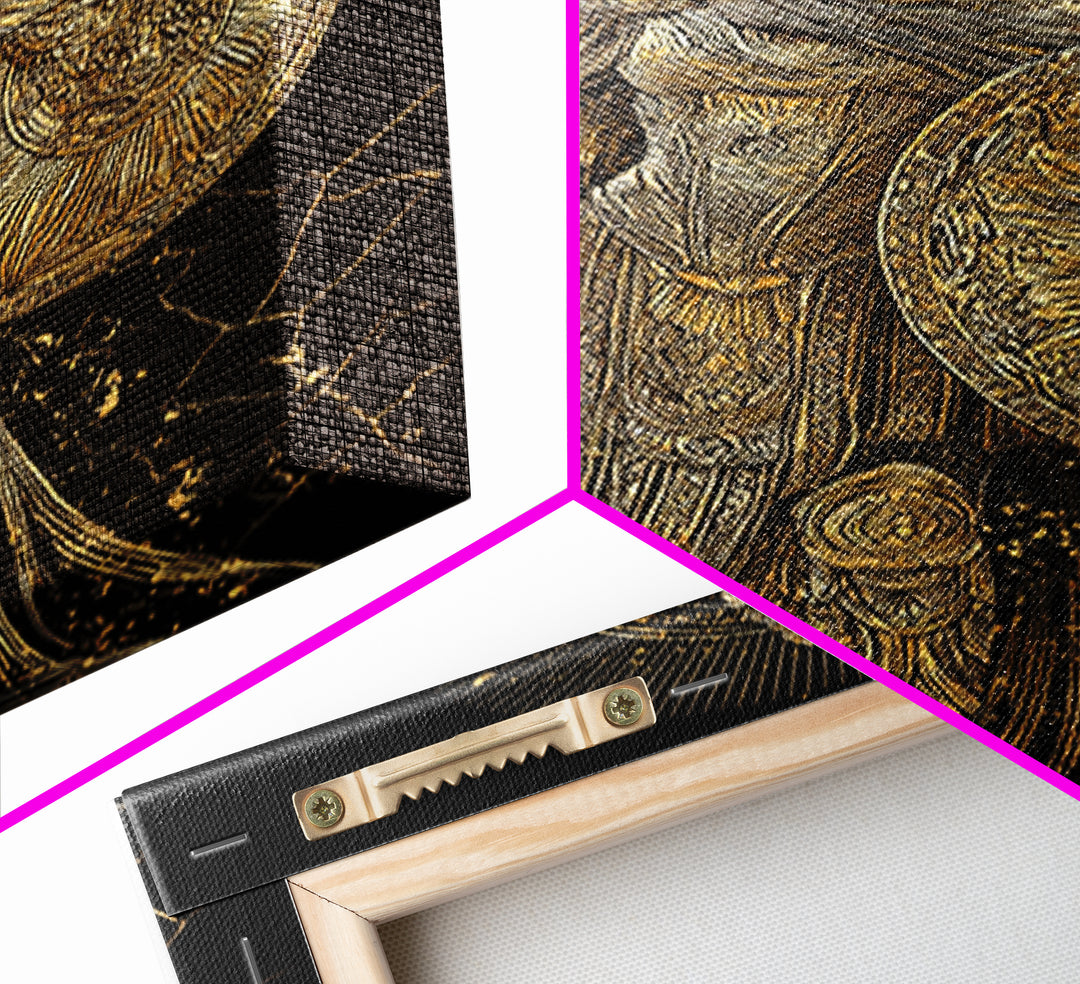 Athena With Owl And Shield Of Wisdom, Canvas Gold Art Print, Real Wood Frame, Ancient Greek Mythology Warrior Decor