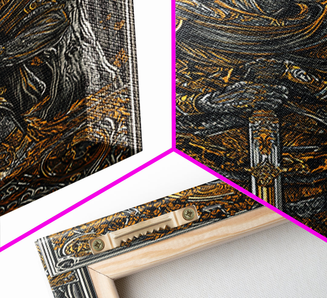 King With Sword In Ornate Armor, Canvas Gold Canvas Print, Medieval Mythology Warrior Wall Art, Real Wood Frame Decoration