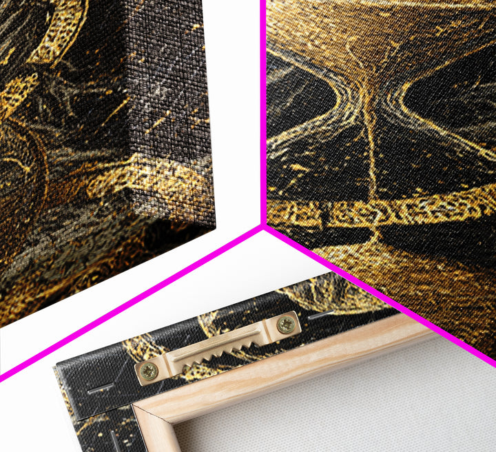Hooded Figure In Hourglass Timepiece, Canvas Gold Art Print, Mythological Decorative Wall Art, Symbolic Design, Real Wood Frame