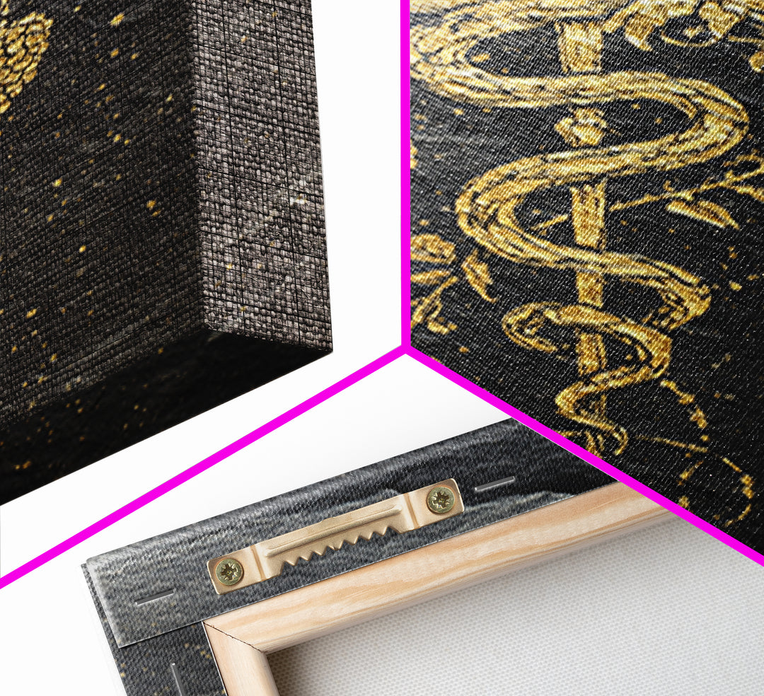 Mythical Serpent Staff Canvas Gold Canvas Print, Ancient Symbolic Snake Art, Luxury Decor With Real Wood Frame
