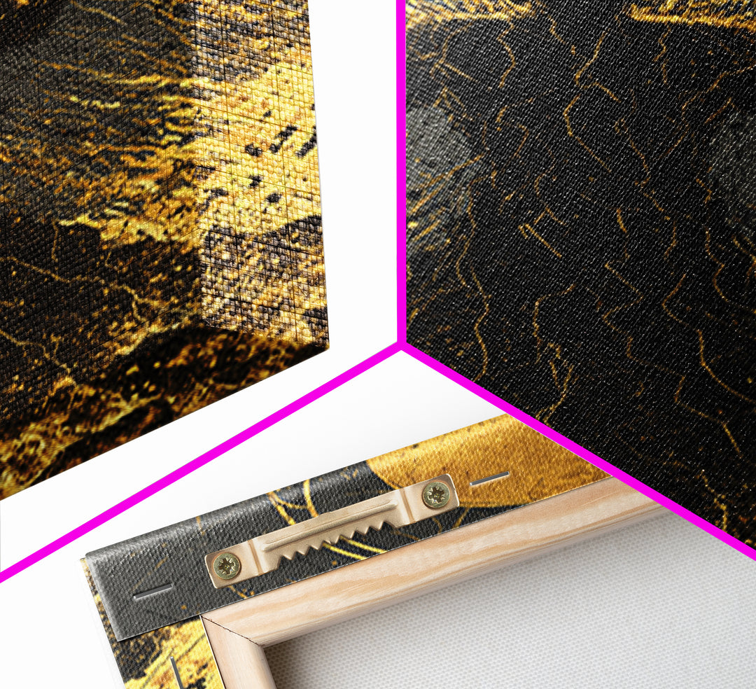 Cosmic Ascension Canvas Gold Canvas Print, Abstract Silhouette Moon Art, Spiritual Mythology Decor With Real Wood Frame