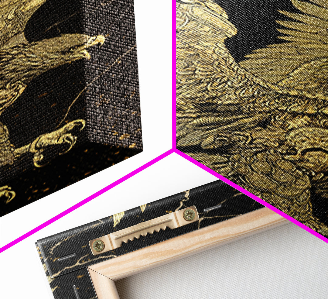Majestic Eagle In Flight, Canvas Gold Art, Mythology Inspired Bird Print, Ancient Symbol Wall Decor, Luxury Real Wood Frame