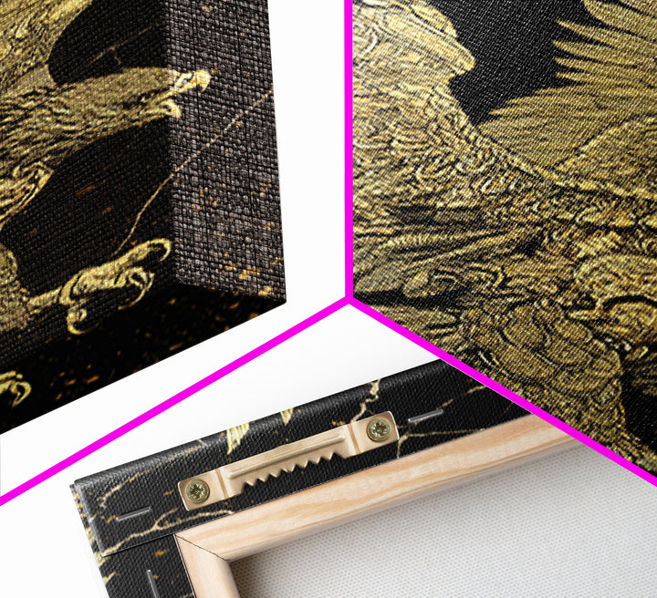 Majestic Eagle In Flight, Canvas Gold Art, Mythology Inspired Bird Print, Ancient Symbol Wall Decor, Luxury Real Wood Frame