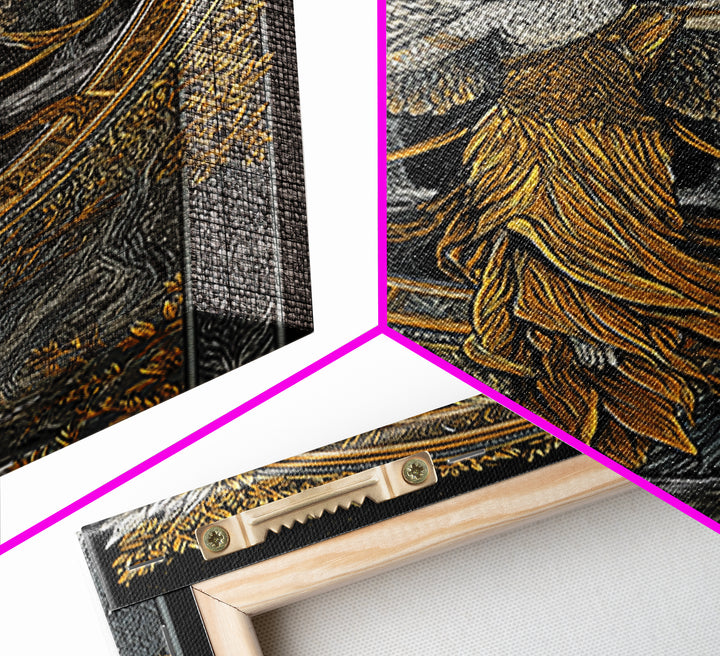 Eagle Headed Deity Holding Chalice, Canvas Gold Art, Mythology Inspired Wall Print, Ancient Symbol Artwork, Real Wood Frame