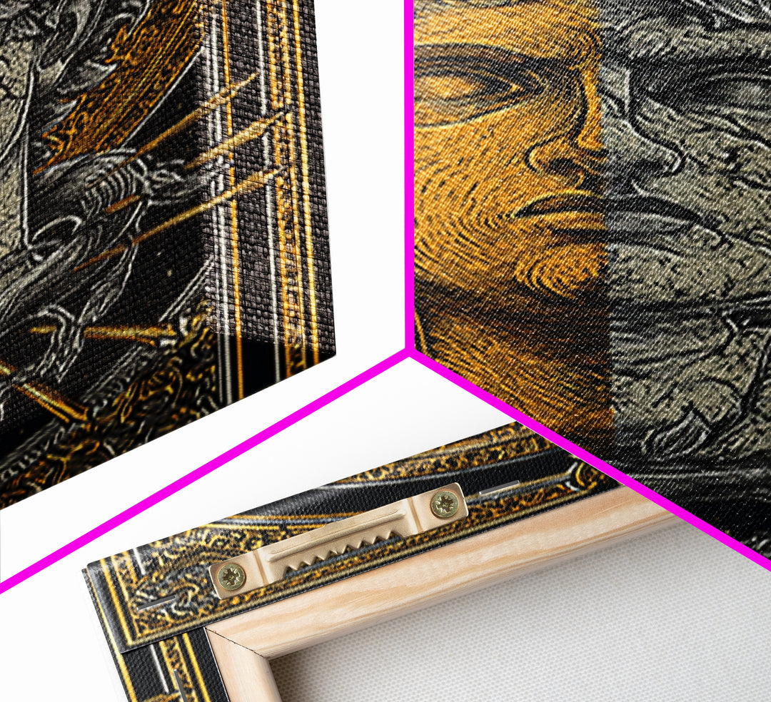 Dual Faced Mythological Bust, Canvas Gold Canvas Print, Ancient Symbolic Artwork, Mythology Inspired Wall Decor, Real Wood Frame