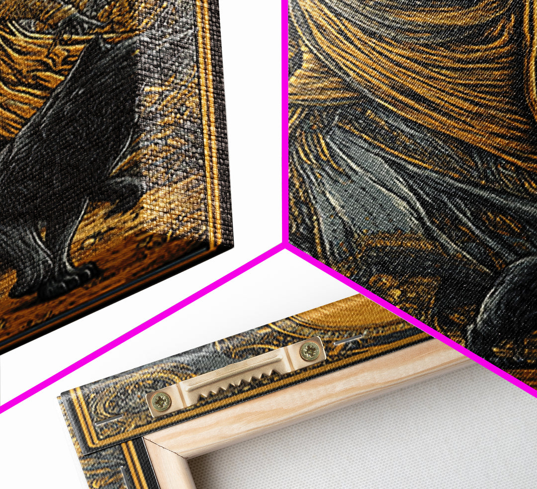 Hooded Deity With Wolves, Canvas Gold Canvas Print, Mythology Inspired Artwork, Ancient Symbolic Wall Decor, Real Wood Frame
