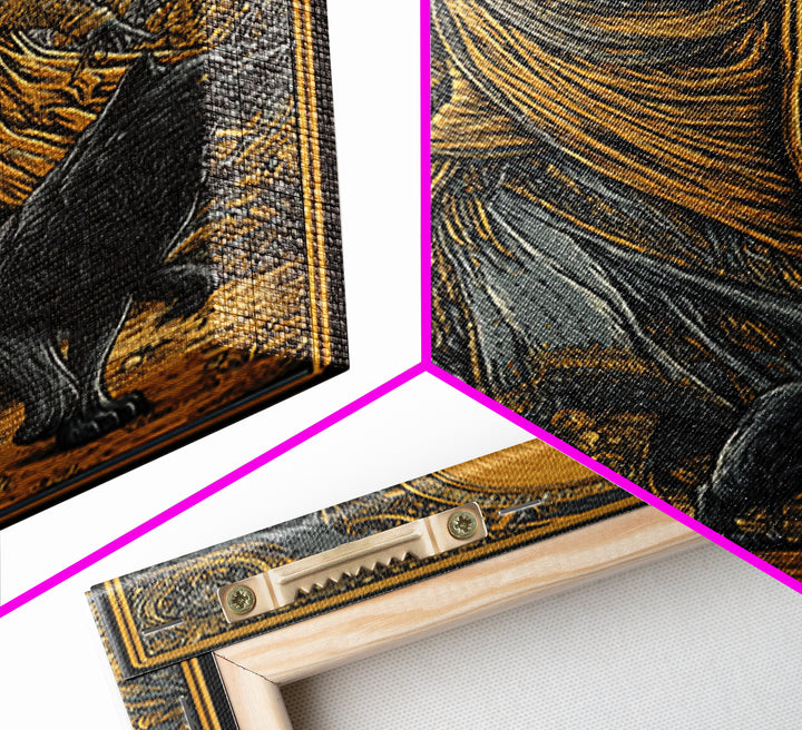 Hooded Deity With Wolves, Canvas Gold Canvas Print, Mythology Inspired Artwork, Ancient Symbolic Wall Decor, Real Wood Frame