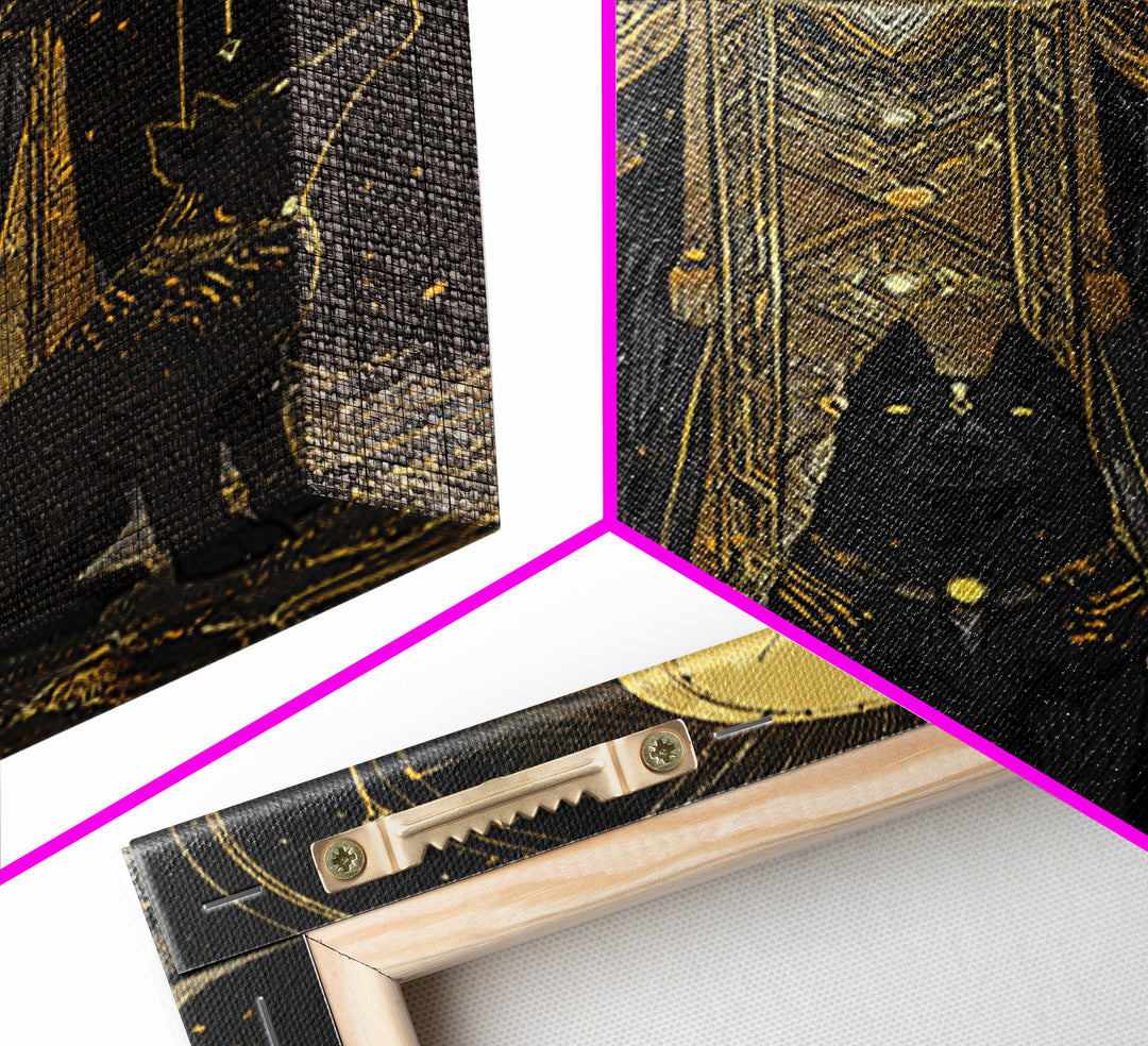 Anubis With Sacred Hounds, Canvas Gold Art, Mythology Inspired Canvas Print, Egyptian God Wall Artwork, Real Wood Frame