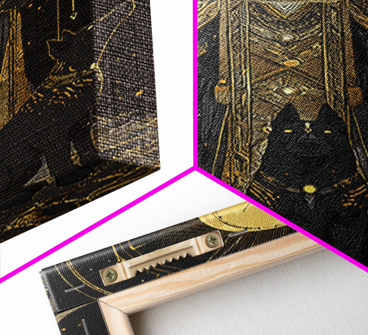 Anubis With Sacred Hounds, Canvas Gold Art, Mythology Inspired Canvas Print, Egyptian God Wall Artwork, Real Wood Frame