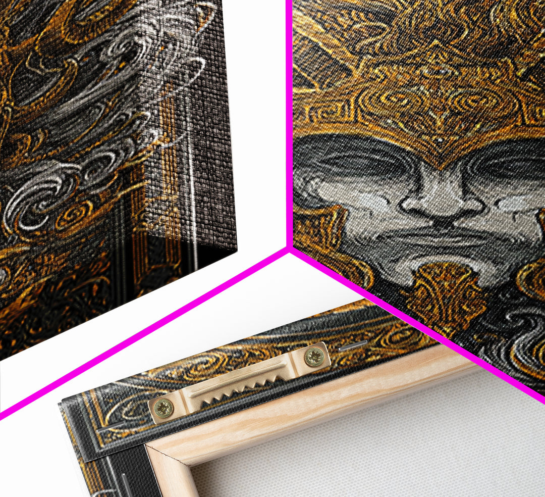 Mythical Horned Warrior Canvas Gold Canvas Print, Intricate Greek God Art, Luxury Wall Decor, Real Wood Frame Artwork