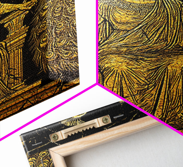 Greek Goddess Hera With Peacocks Canvas Gold Canvas Print, Mythology Wall Art, Luxury Wood Framed Art Decor
