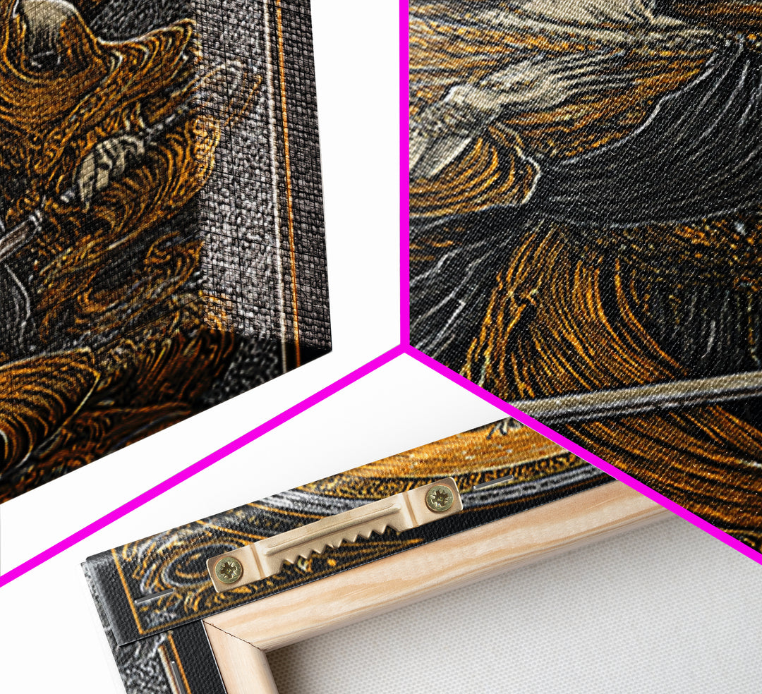 Canvas Gold Canvas Print, Mythical Goddess With Sword Art, Ancient Deity Wall Decor, Divine Feminine Strength Artwork, Real Wood Frame