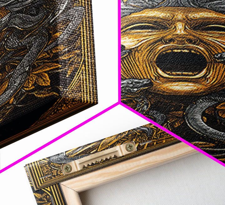 Medusa Mask Canvas Gold Canvas Print, Snake Hair Wall Art, Mythology Decor, Greek Gorgon Artwork, Intricate Myth Print, Real Wood Frame