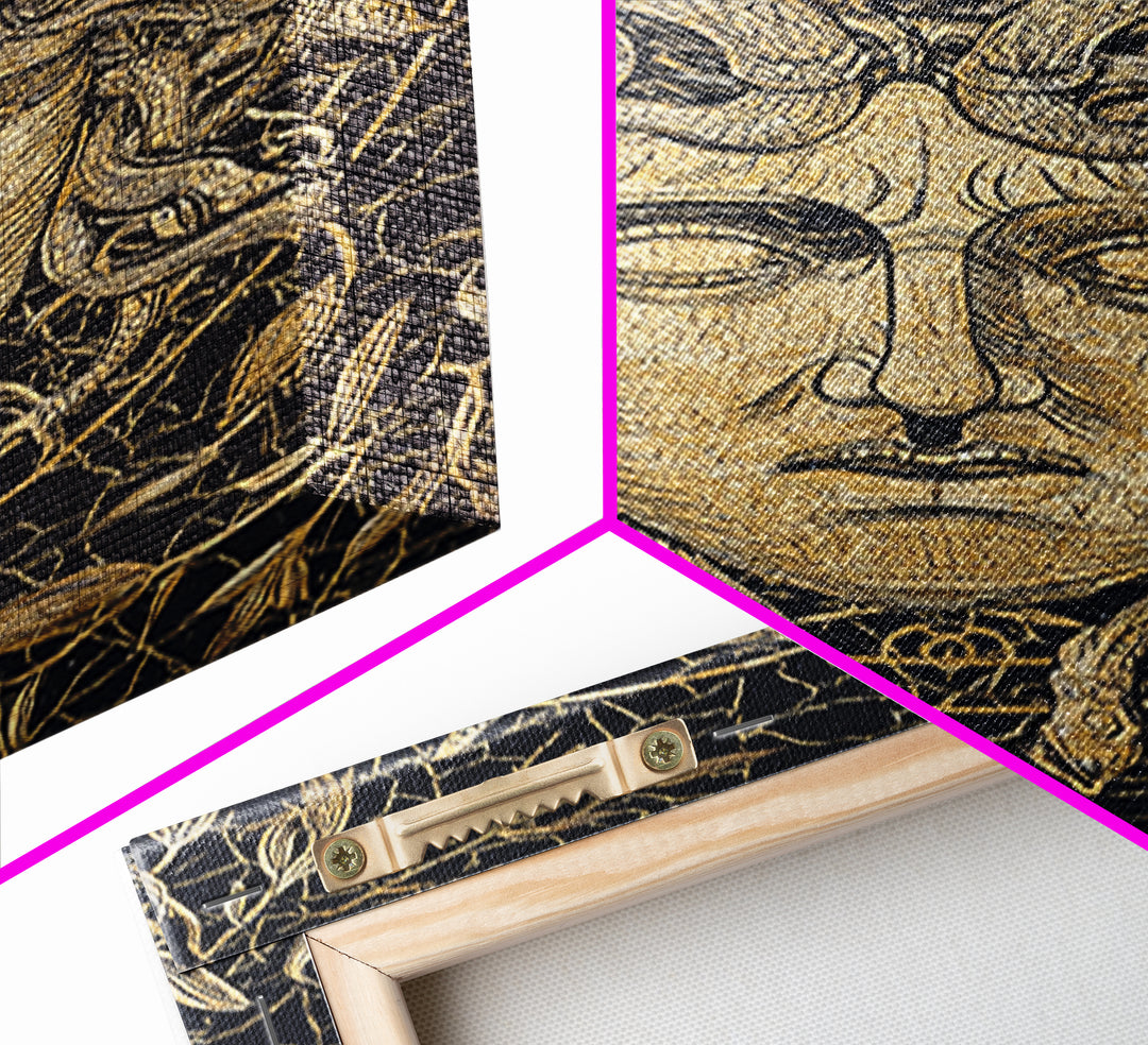 Medusa Head Canvas Gold Art, Mythology Wall Print, Snake Hair Decor, Fierce Ancient Greek Gorgon Artwork, Real Wood Frame