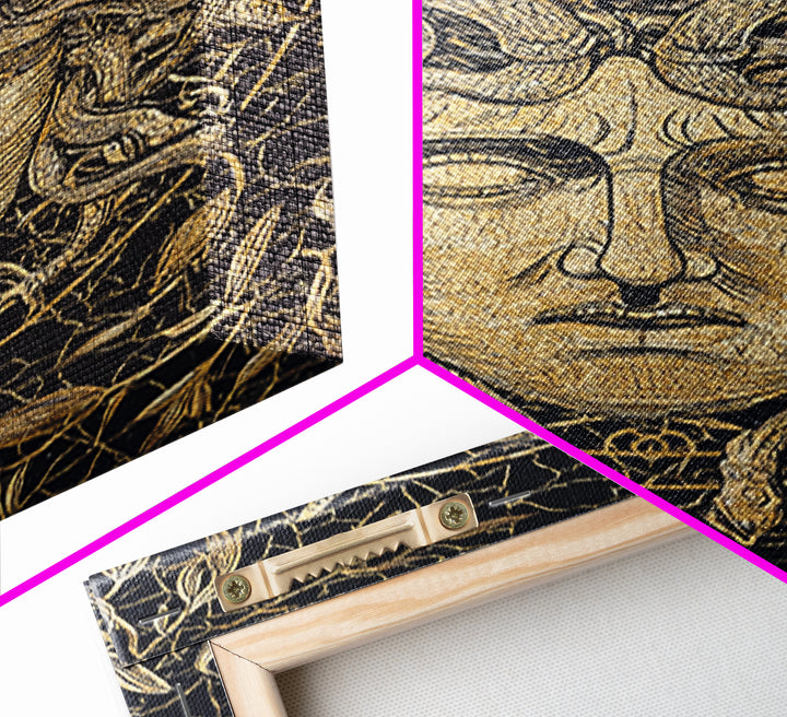 Medusa Head Canvas Gold Art, Mythology Wall Print, Snake Hair Decor, Fierce Ancient Greek Gorgon Artwork, Real Wood Frame