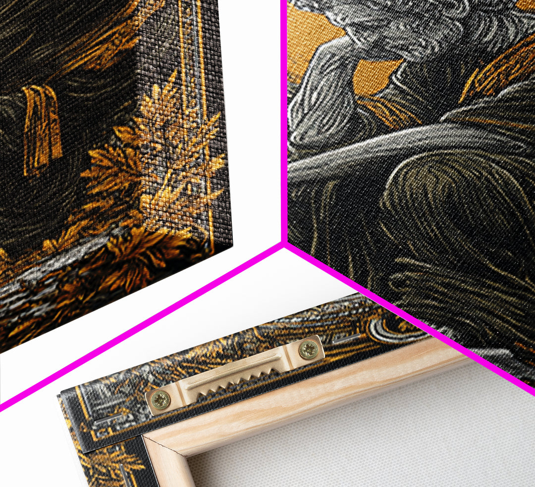 Horned God Canvas Gold Canvas Print, Mythical Warrior Wall Art, Ancient Deity With Flames Artwork, Fantasy Myth Decor Real Wood Frame