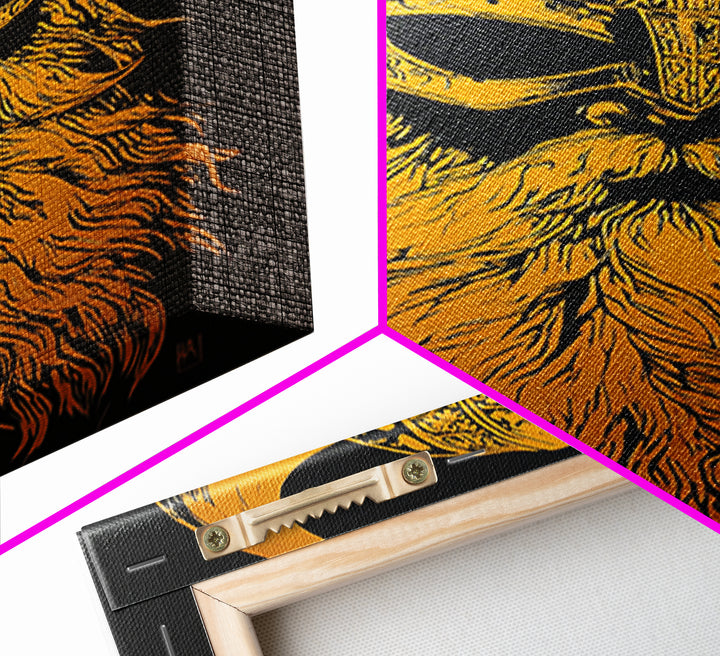 Norse Mythology Odin Canvas Gold Art, Viking Warrior God Canvas Print, Real Wood Frame, Ancient Scandinavian Wall Decoration