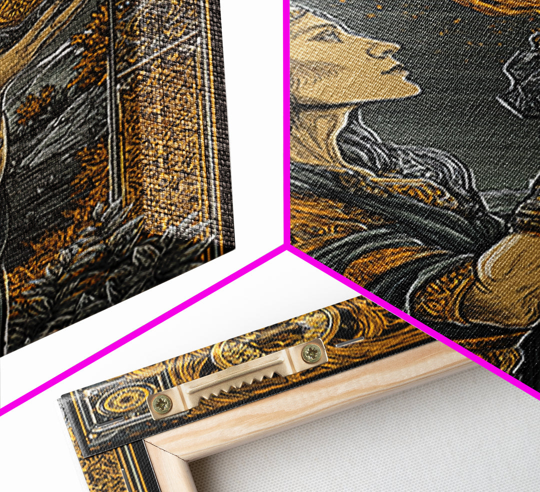 Pandora With Mythical Jar, Ancient Greek Mythology Canvas Gold Art, Detailed Decorative Wall Print, Real Wood Frame, Timeless Classic