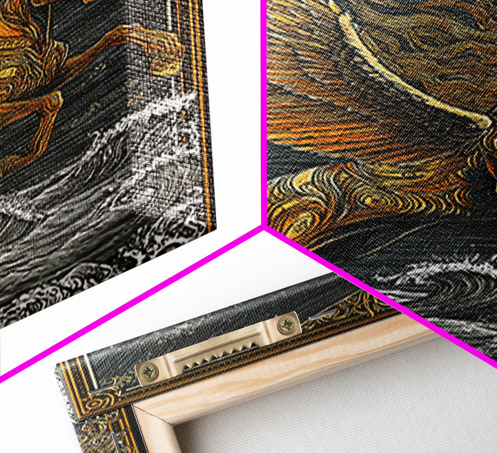 Pegasus Flying Above Waves, Mythical Winged Horse Art, Canvas Gold Art, Greek Mythology Wall Print, Real Wood Frame, Heroic Statement
