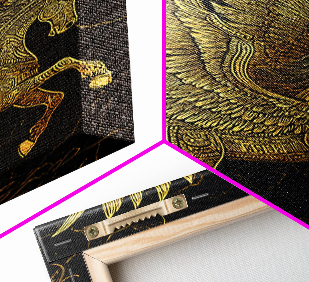 Golden Pegasus Canvas Gold Canvas Print, Mythological Horse Artwork, Elegant Home Wall Art, Real Wood Framed Fantasy Decor